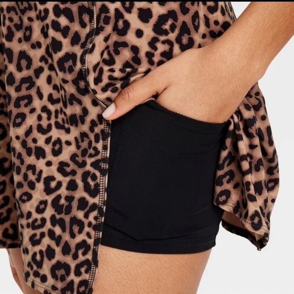 JoyLab Women's Knit Squareneck Slit Active Dress Leopard Print Built-in Shorts S - Picture 4 of 7